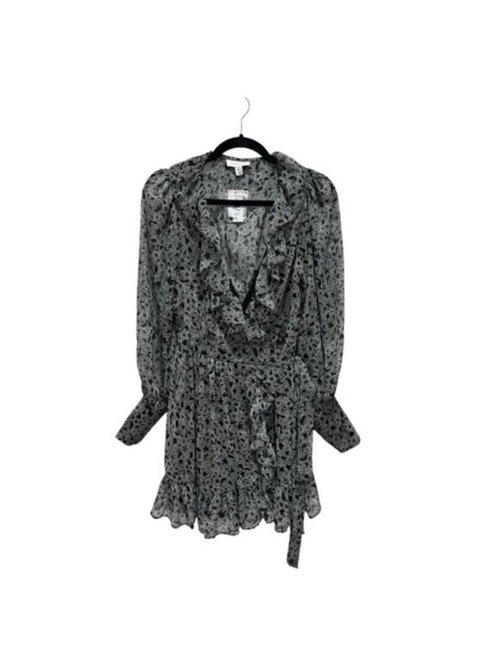 Topshop Women's Floral Mini Dress Size 6 Black Long Sleeve V-Neck Ruffle NWT
